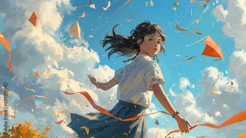 High-spirited girl with kites flying around her, AI Generated
