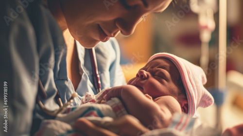 Nurse gently patting newborn's back, AI Generated photo