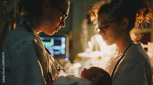 Peaceful moment of nurse checking newborn's vitals, AI Generated photo