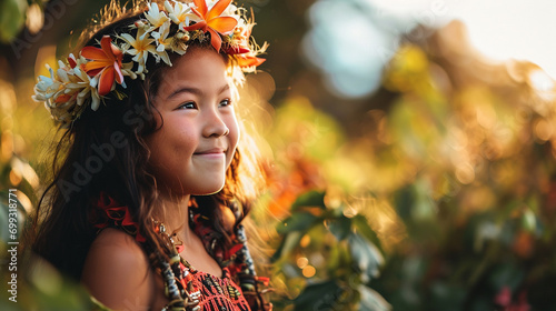 Radiant girl in Hawaiian hula skirt, AI Generated
