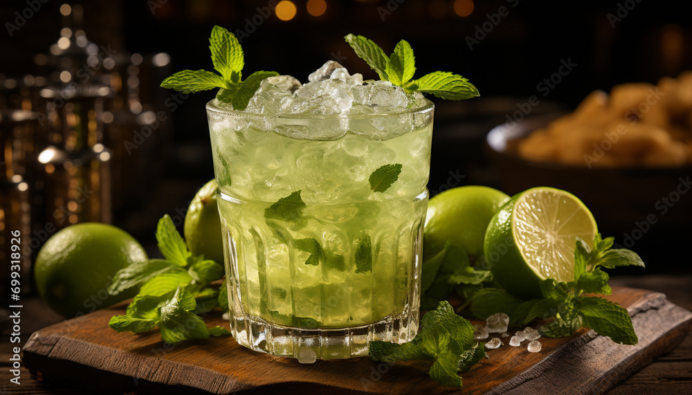 Refreshing mojito cocktail with mint leaf, lime, and citrus fruit generated by AI Refreshing mojito cocktail with mint leaf, lime, and citrus fruit generated by AI