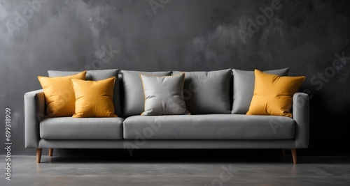 Design of a modern waiting area or studio with copy space in loft style. Gray sofa with mustard-colored pillows against a dark concrete wall.