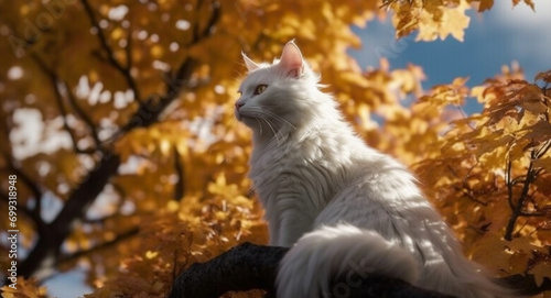A cute kitten sitting on a tree branch in autumn generated by AI