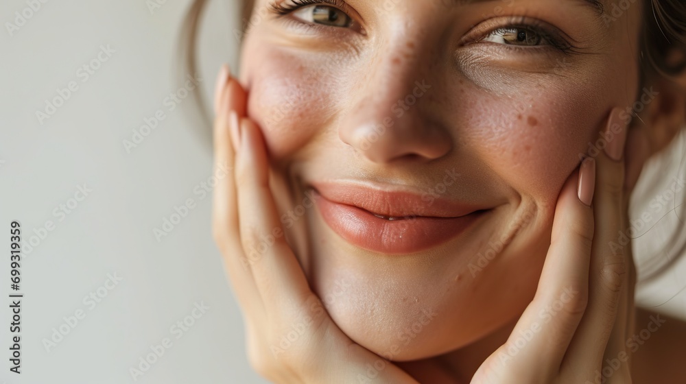 Young attractive woman applies a skin care cream on fresh face Young attractive woman applies a skin care cream on fresh face