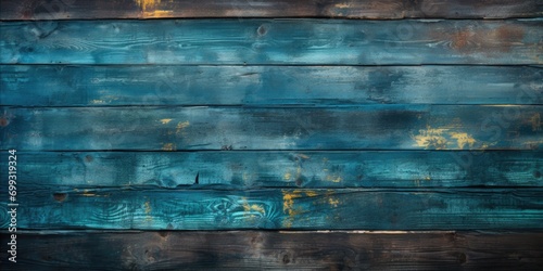 a blue and wooden fence in a dark wood color, in the style of rustic abstraction, dark turquoise and bronze, color photography pioneer