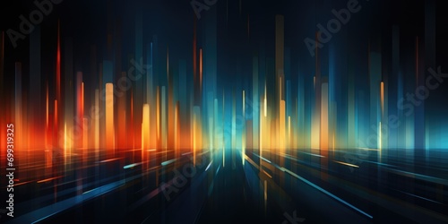 abstract background of blue and orange shiny lights  in the style of linear patterns  dark teal and light crimson  vibrant stage backdrops  elongated shapes