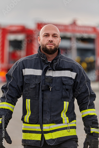 A symbolically brave firefighter strides forward with unwavering courage, epitomizing dedication and leadership, while behind him, a modern firetruck stands ready for firefighting actions, capturing