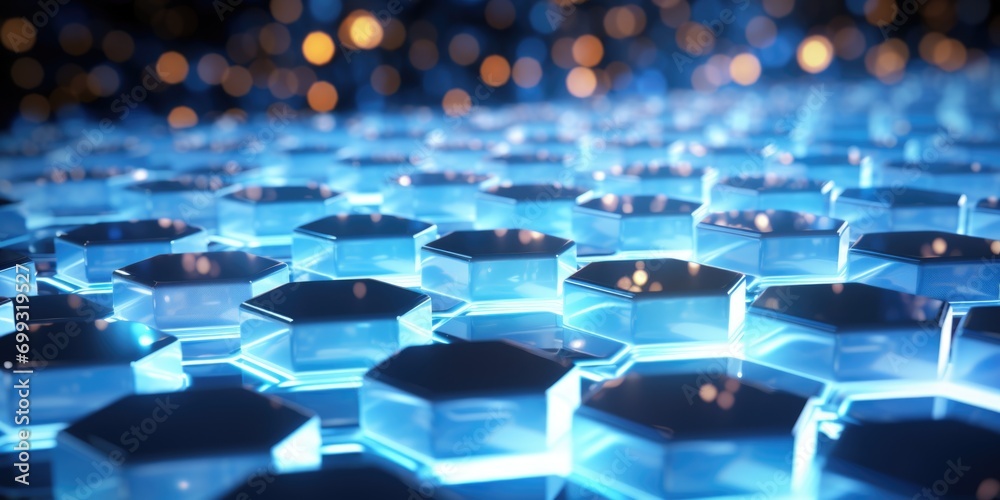 digital image of hexagonal background, in the style of luminous 3d objects, white and azure, shaped canvas, light-focused digital image of hexagonal background, in the style of luminous 3d objects, white and azure, shaped canvas, light-focused