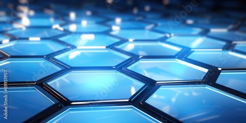 a hexagonal background with a few light reflections, in the style of white and azure, mechanized forms, luminescent lightscapes, glazed surfaces, photorealistic compositions photo