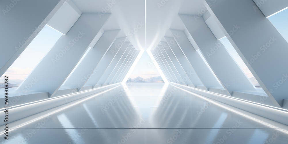 Naklejka premium a modern futuristic hallway with a large white wall, in the style of angular, repetitive, photobashing, shaped canvas, light-filled, dark white, aluminum