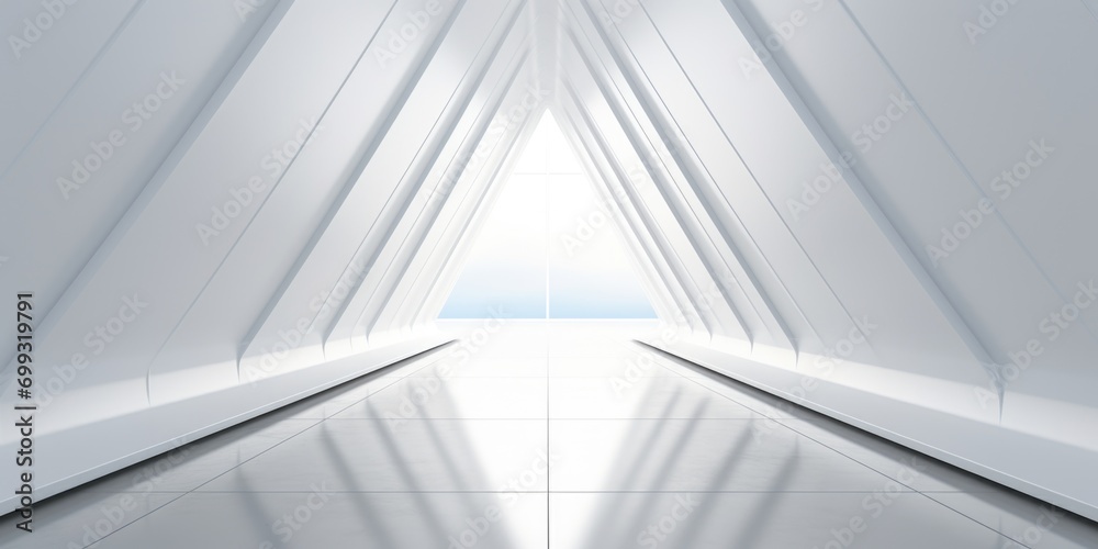 a modern futuristic hallway with a large white wall, in the style of angular, repetitive, photobashing, shaped canvas, light-filled, dark white, aluminum a modern futuristic hallway with a large white wall, in the style of angular, repetitive, photobashing, shaped canvas, light-filled, dark white, aluminum
