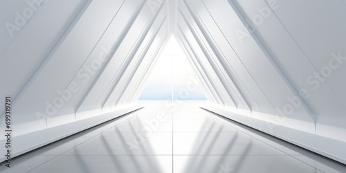 a modern futuristic hallway with a large white wall, in the style of angular, repetitive, photobashing, shaped canvas, light-filled, dark white, aluminum