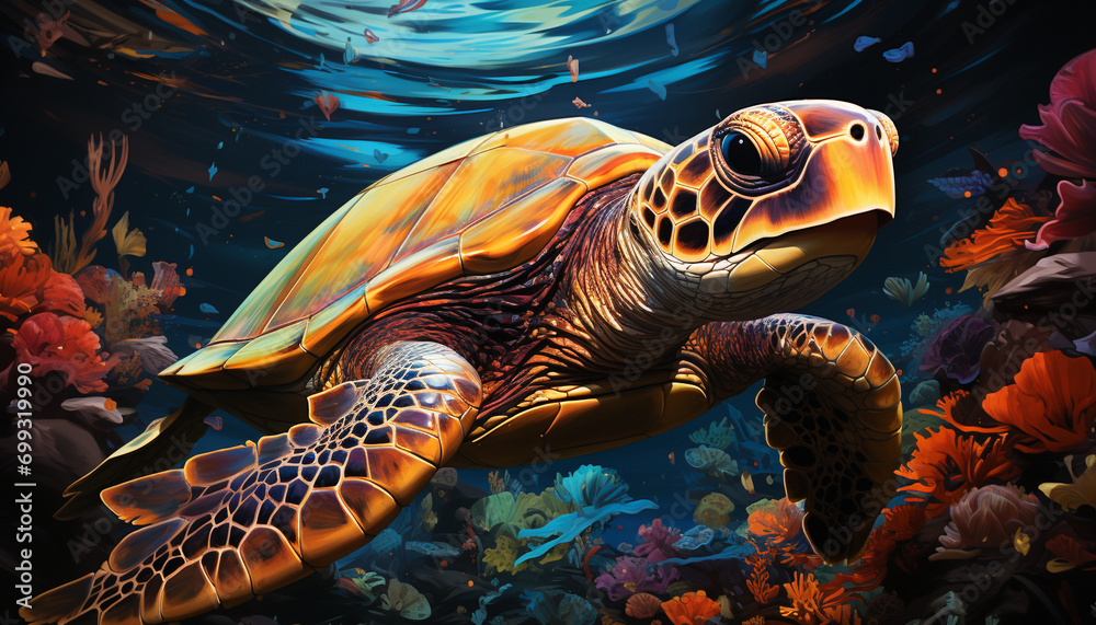 A vibrant underwater illustration of a cute turtle swimming generated by AI