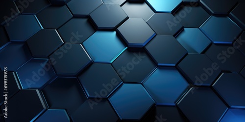 a blue hexagonal background with 3d elements, in the style of dark gray and navy, canvas texture emphasis, ceramic, iconic, rectangular fields, grid-based, rounded