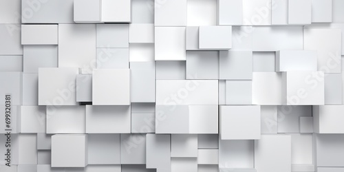an abstract white background with white boxes cut from sheet of paper, in the style of geometric shapes & patterns, textured canvas, mosaic composition, layered composition