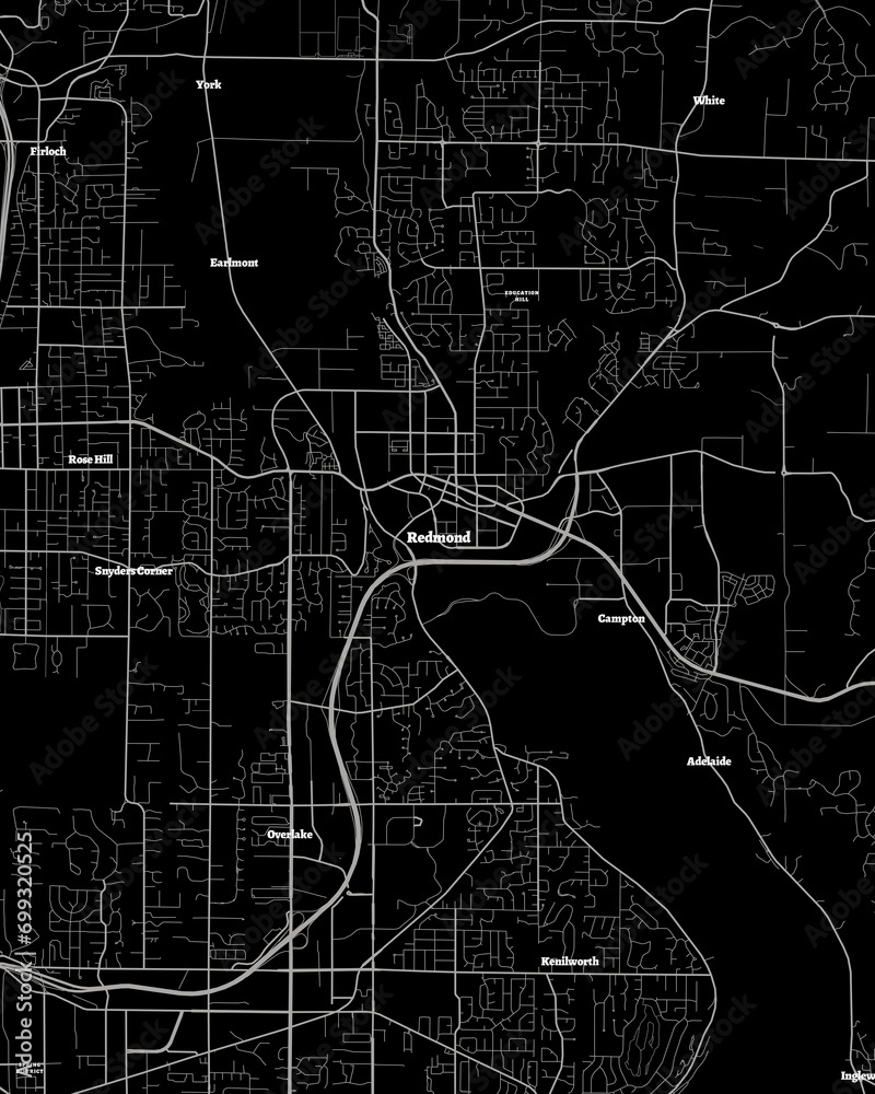 Redmond Washington Map, Detailed Dark Map of Redmond Washington