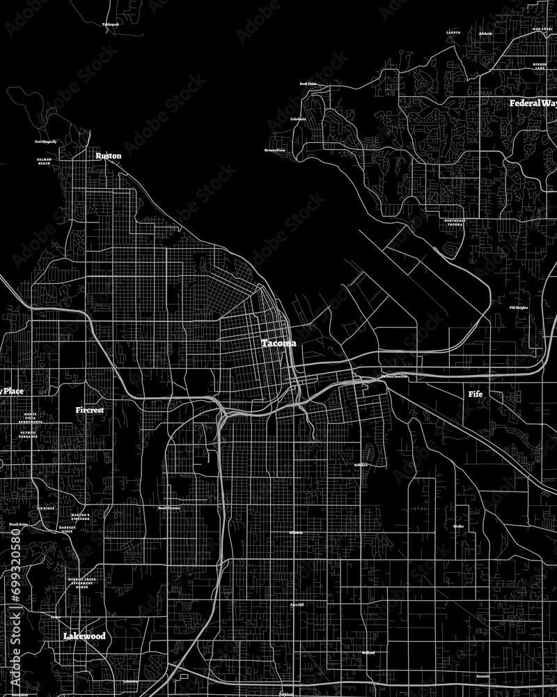 Tacoma Washington Map, Detailed Dark Map of Tacoma Washington