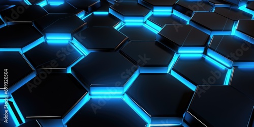 background seamless mosaic geometric shapes with lights background, in the style of dark black and azure, molecular structures, futuristic cyberpunk, light black and sky-blue
