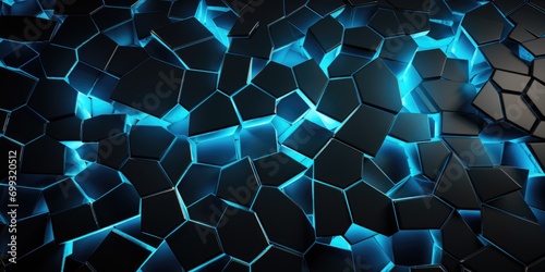 background seamless mosaic geometric shapes with lights background, in the style of dark black and azure, molecular structures, futuristic cyberpunk, light black and sky-blue