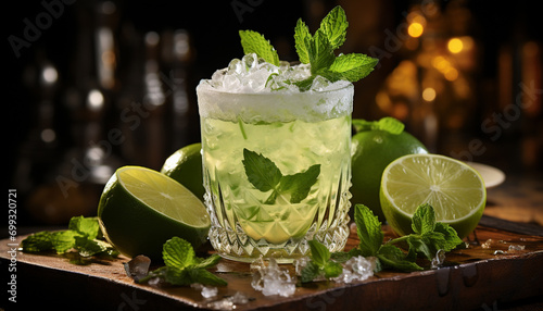 Fresh mojito cocktail with mint leaf garnish on rustic wooden table generated by AI