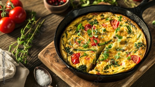Hearty Breakfast Frittata Topped with Parsley and Cherry Tomatoes