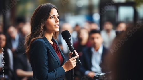 A journalist with a microphone, exploring stories, conducting interviews, and amplifying diverse perspectives through the power of audio storytelling in the dynamic world of media. photo