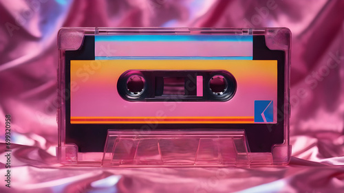 pink audio cassette tape over a crumpled pink background