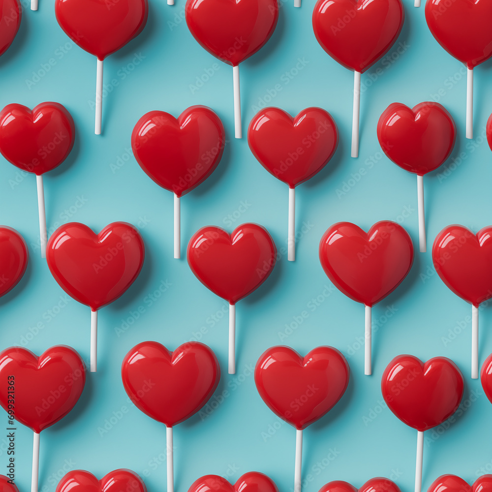 Heart shaped cake pops on stick, seamless pattern on a simple blue background