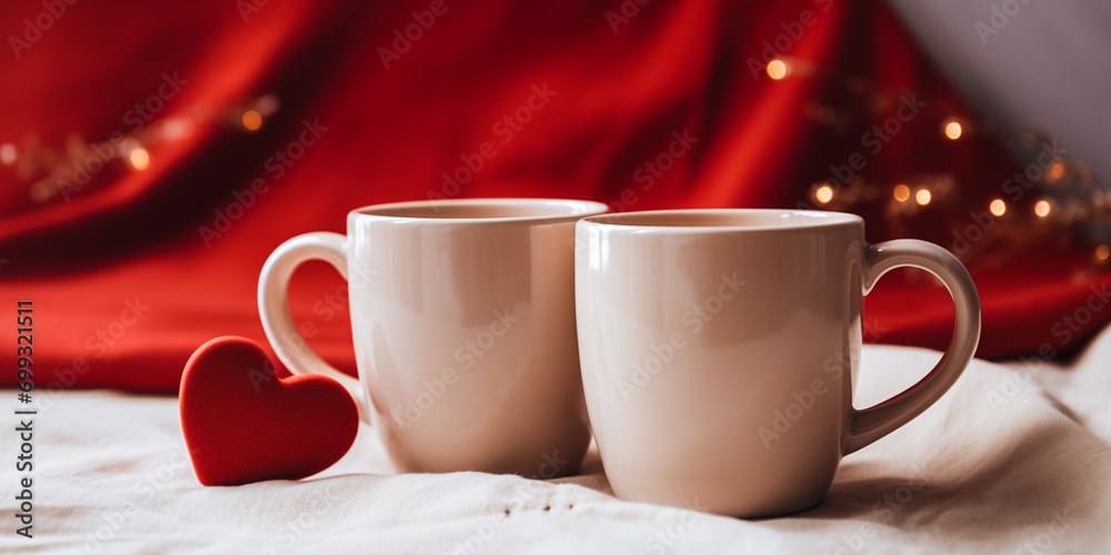 Fototapeta premium Two mugs decorated with hearts on the table, cozy romantic layout