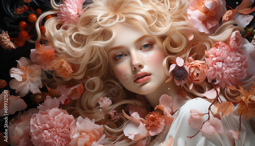 A cute blond girl with curly hair, surrounded by flowers generated by AI