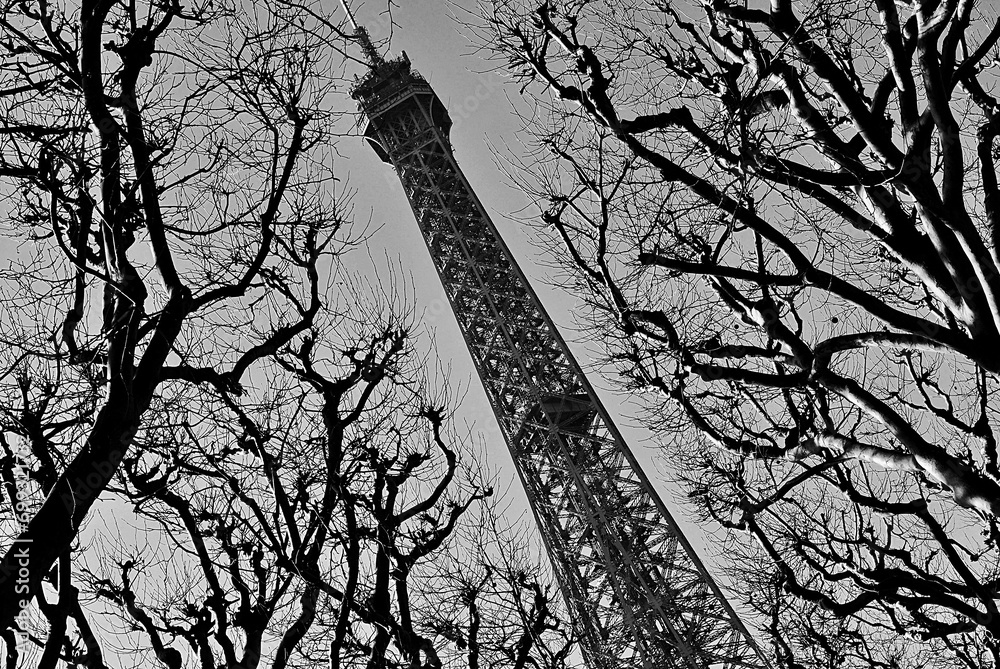 Paris, France, 08 March 2014 - View of a detail of the Eiffel Tower from an unusual point of view. City with a magical atmosphere.