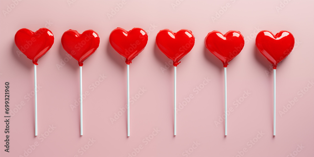 Heart shaped cake pops in red glaze on sticks, on a simple pink background 