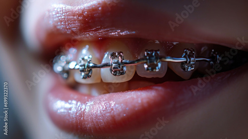 Close-up of teeth with braces, showing the intricacies of orthodontic work to align and straighten for a healthier smile.