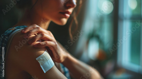 A thoughtful woman with a medical patch on her upper arm, possibly after receiving a vaccination or treating a minor injury.