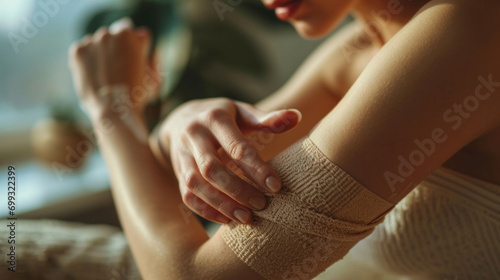  Individual wrapping an elbow with a medical bandage, indicating self-care for a joint injury or strain. photo