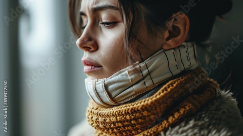 Woman wearing a stylish scarf, evoking a sense of warmth and care, potentially for a sore throat or neck pain. photo