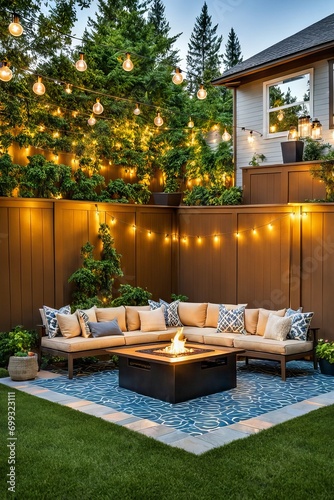 Contemporary backyard patio with neutral tiled ground, a rectangular fire pit, sectional seating, and charming string lights.