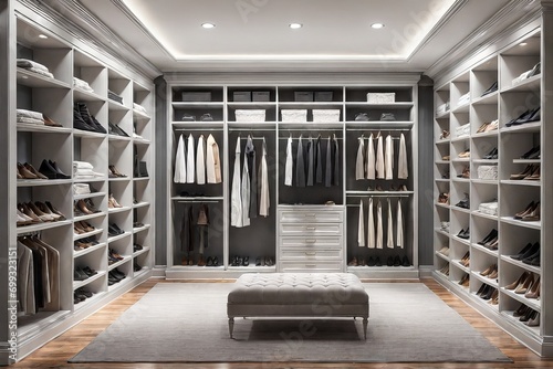 Glamorous walk-in closet room with soft grey walls, hardwood flooring, and a custom built-out closet system with drawers and shelves. photo