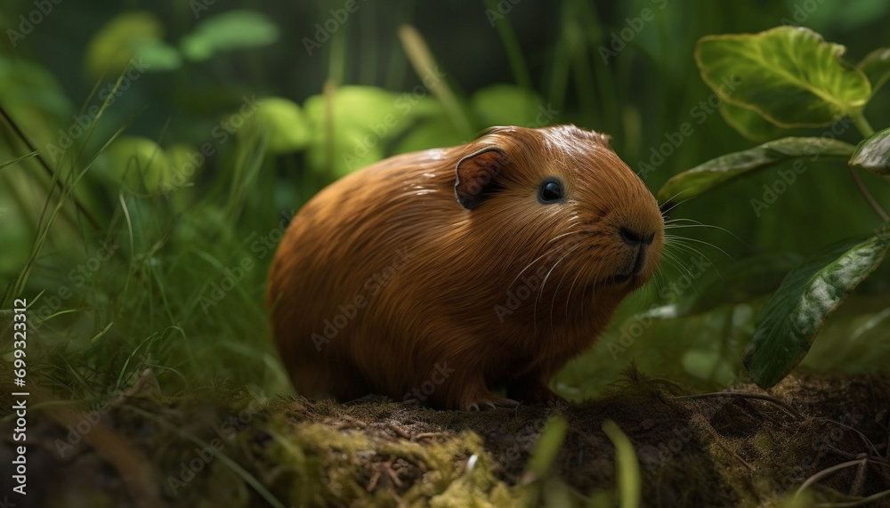 Cute guinea pig sitting in the grass, eating green plants generated by AI Cute guinea pig sitting in the grass, eating green plants generated by AI