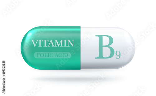 Vitamin B9 icon. Folic acid B vitamin complex. Drop pill capsule. Vector 3d illustration