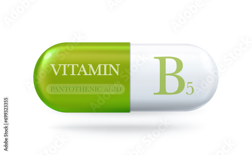 Vitamin B5 icon. Pantothenic acid. B vitamin complex. Drop pill capsule. Vector 3d illustration