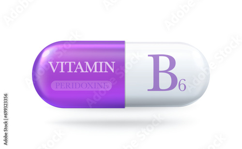 Vitamin B6 icon. Peridoxine B vitamin complex. Drop pill capsule. Vector 3d illustration