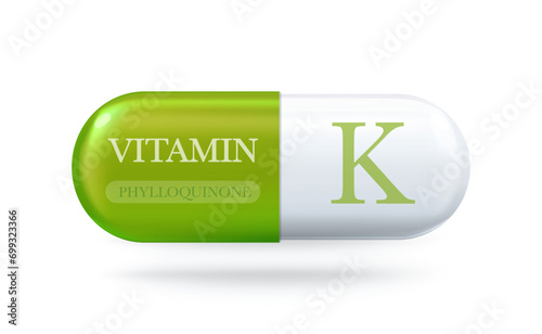 Vitamin K icon. Phylloquinone K vitamin complex. Drop pill capsule. Vector 3d illustration