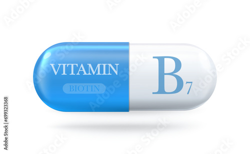 Vitamin B7 icon. Biotin B vitamin complex. Drop pill capsule. Vector 3d illustration