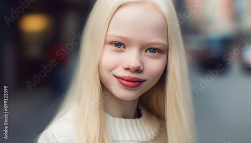 Smiling Caucasian girl, cute and cheerful, looking at camera outdoors generated by AI
