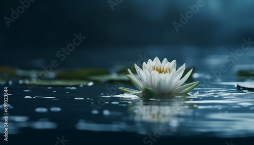 A single lotus flower floats on tranquil pond, reflecting beauty generated by AI