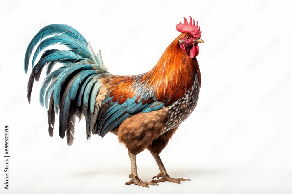 Majestic colorful rooster showcasing vibrant feathers, posed standing. Majestic colorful rooster showcasing vibrant feathers, posed standing.