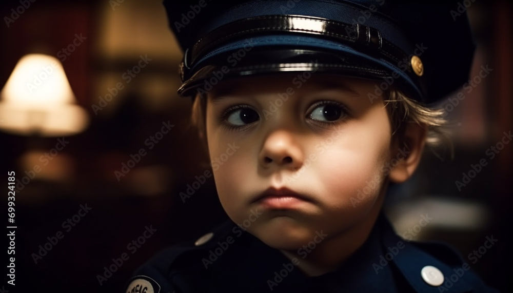 Cute Caucasian child, portrait, looking at camera, innocence, smiling, outdoors generated by AI Cute Caucasian child, portrait, looking at camera, innocence, smiling, outdoors generated by AI