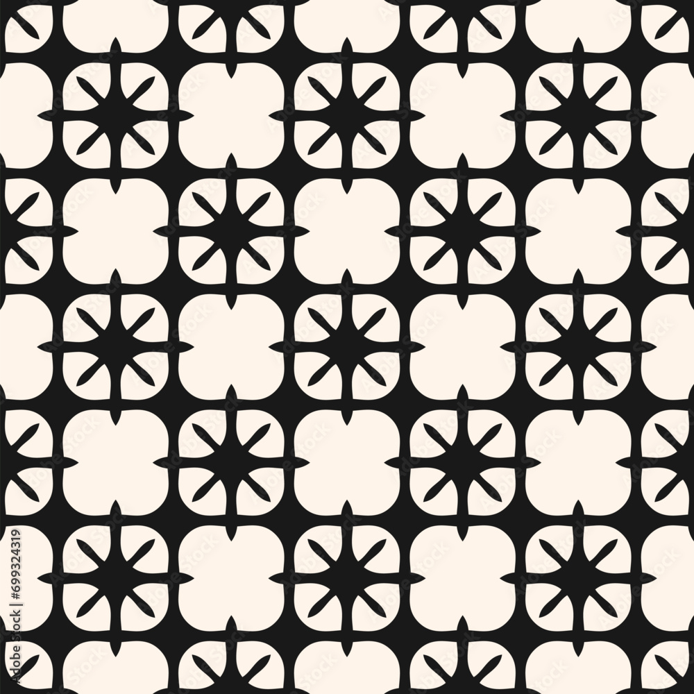 Vector modern floral geometric abstract pattern. Seamless black and white background. Trendy geo leaf ornament. Simple texture with flower shapes, stars, curved grid. Repeat design for paper, print