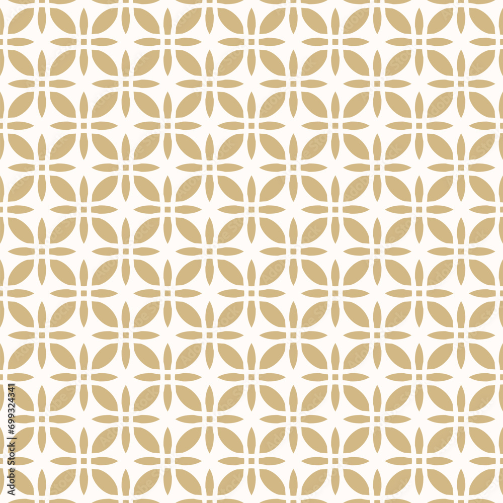 Vector seamless pattern in oriental style. Simple golden geometric floral ornament. Abstract gold and white background texture with flower silhouettes. Luxury repeat geo design for decor, cover, wrap Vector seamless pattern in oriental style. Simple golden geometric floral ornament. Abstract gold and white background texture with flower silhouettes. Luxury repeat geo design for decor, cover, wrap